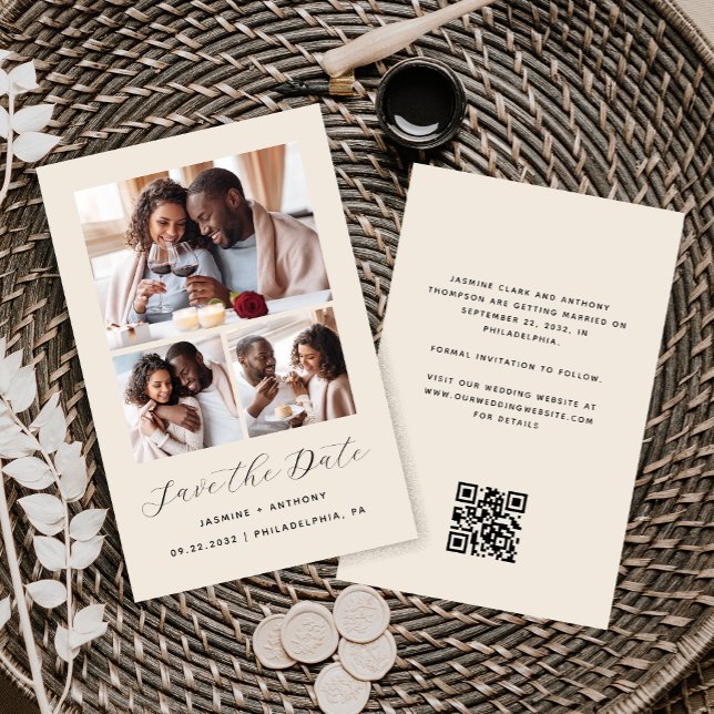 Budget 3-Photo Collage Beige Enregistrer la date (Créateur téléchargé)