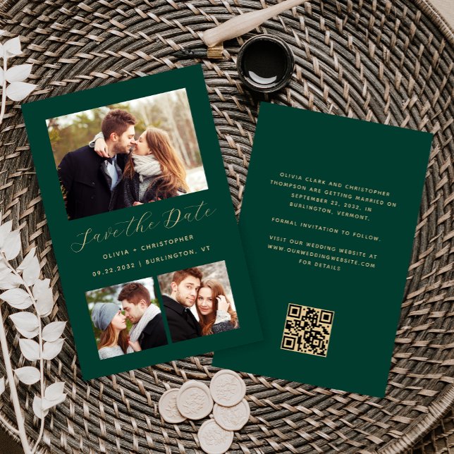 Budget 3-Photo Collage Code QR Vert Save the Date (Créateur téléchargé)