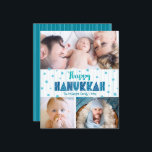 Budget 3 Photo Happy Hanoukka Turquoise Stars Card<br><div class="desc">"Bonne Hanoukka." Une typographie artisanale amusante, ludique et fantaisiste, et une Star of David motif aléatoire en bleu turquoise clair, le tout surplombant des lignes bleu aqua clair dessinées à la main sur un arrière - plan blanc, ainsi que 3 photos de votre choix, vous aider à inaugurer à Hanoukka....</div>
