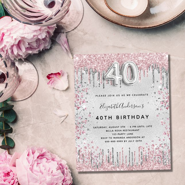 Budget 40e anniversaire argent rose invitation (Créateur téléchargé)