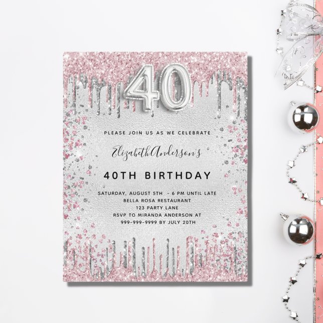 Budget 40e anniversaire argent rose invitation (Créateur téléchargé)