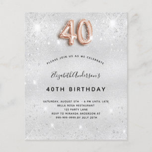 Budget 40e anniversaire argent rose or invitation