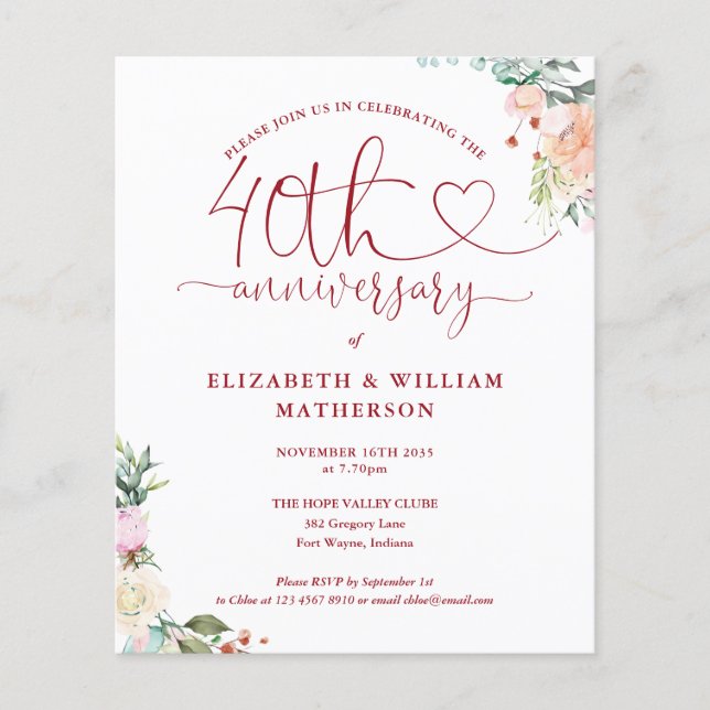 Budget 40e Anniversaire Coeur Floral Invitation (Devant)