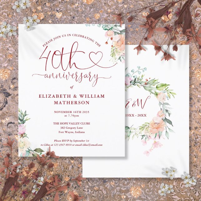 Budget 40e Anniversaire Coeur Floral Invitation (Budget 40th Anniversary Heart Floral Invitation)