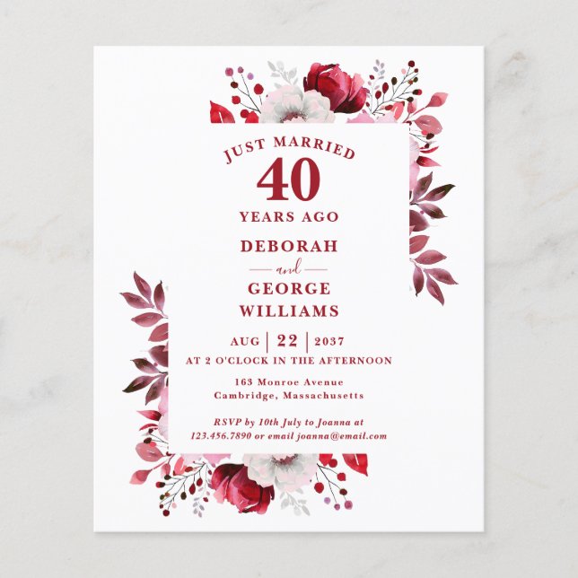 Budget 40e anniversaire du Mariage Invitation flor (Devant)