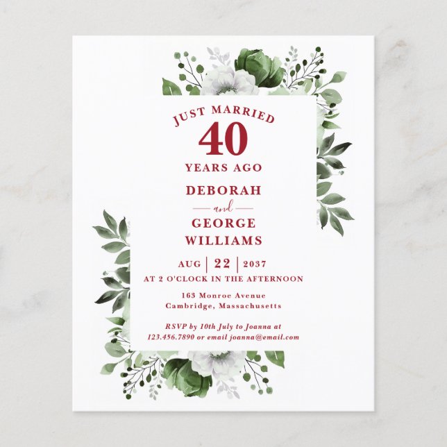 Budget 40e anniversaire du Mariage Invitation flor (Devant)