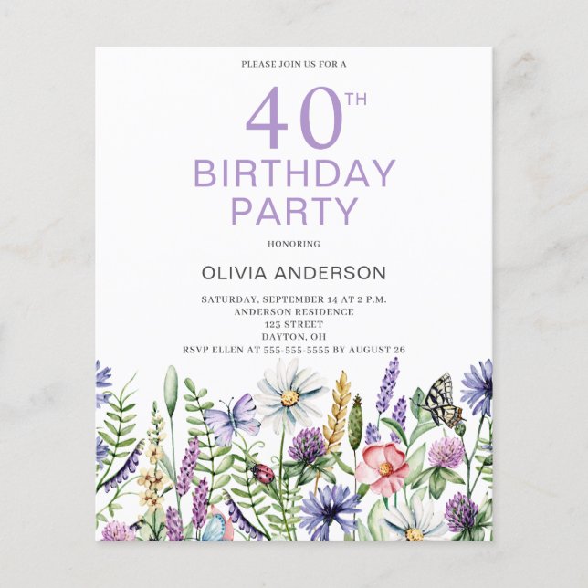 Budget 40e anniversaire Invitation florale violett (Devant)