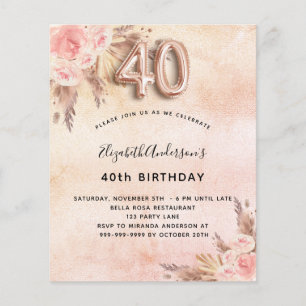 Budget 40e anniversaire pampas herbe invitation ro