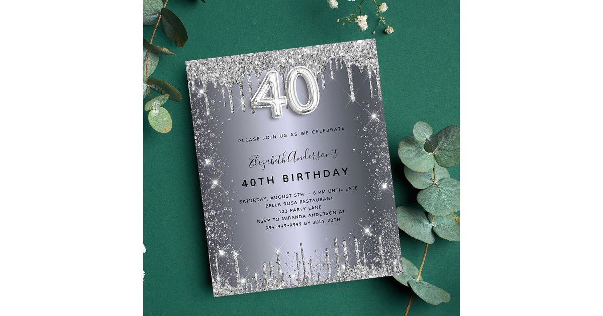 Cadre Photo Personnalisé 40e Anniversaire - Argenté à Paillettes - Taille 4x6" (10x15 Cm) - Marque Juliana