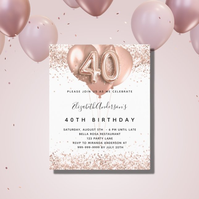 Budget 40e anniversaire rose invitation ballons d' (Créateur téléchargé)