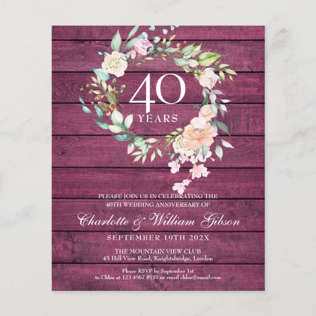 Budget 40e anniversaire Rustic Ruby Invitation (Devant)