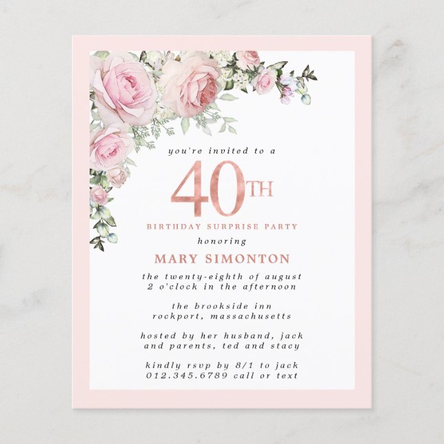 Budget 40e Invitation floral rose surprise (Devant)