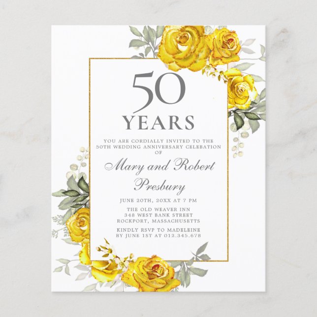 Budget 50e anniversaire Invitation florale jaune (Devant)