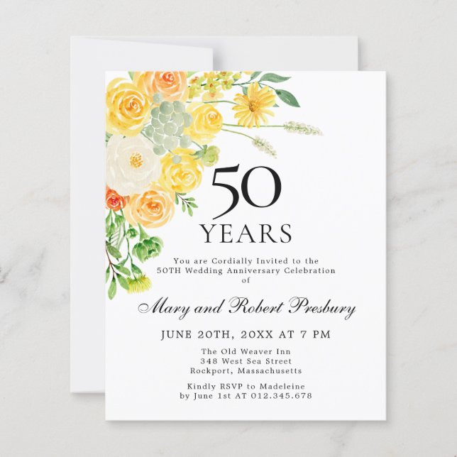 Budget 50e anniversaire Invitation florale jaune (Devant)