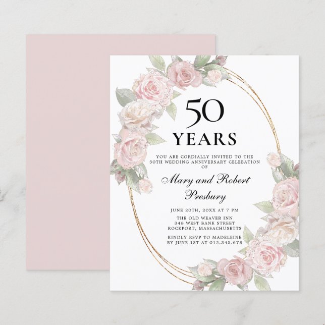 Budget 50e anniversaire Invitation florale rose (Devant / Derrière)