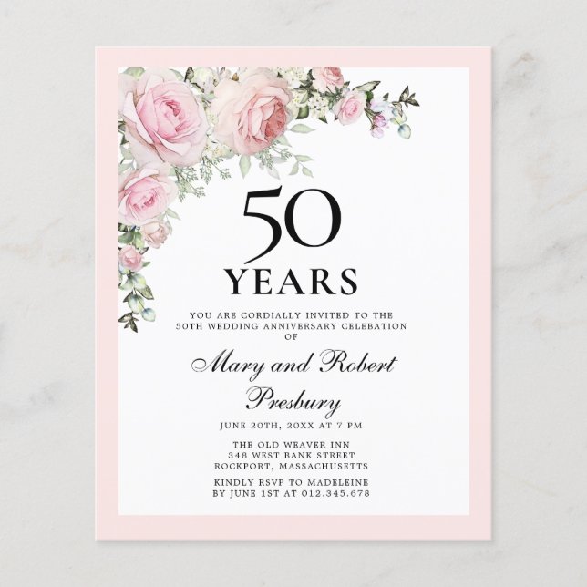 Budget 50e anniversaire Invitation florale rose (Devant)