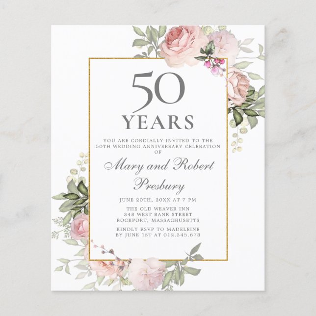 Budget 50e anniversaire Invitation florale rose (Devant)