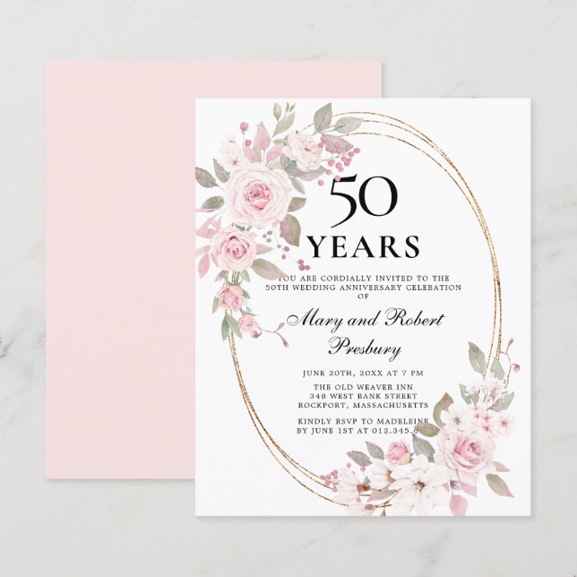 Budget 50e anniversaire Invitation florale rose (Devant / Derrière)