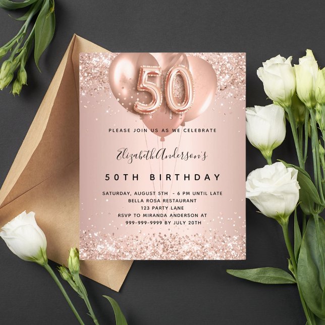 Budget 50e anniversaire rose invitation ballons d' (Créateur téléchargé)