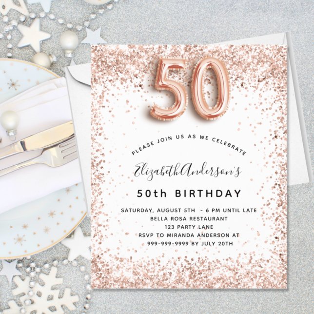 Budget 50e anniversaire rose or blanc invitation (Créateur téléchargé)