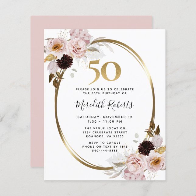 Budget 50e anniversaire Roses et Invitation Gold P (Devant / Derrière)