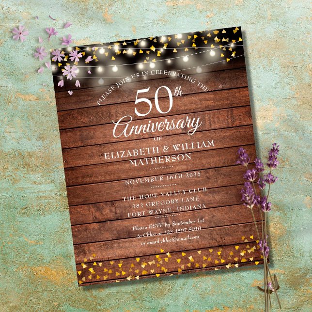 Budget 50e anniversaire Rustic Gold Hearts Invitat (Créateur téléchargé)