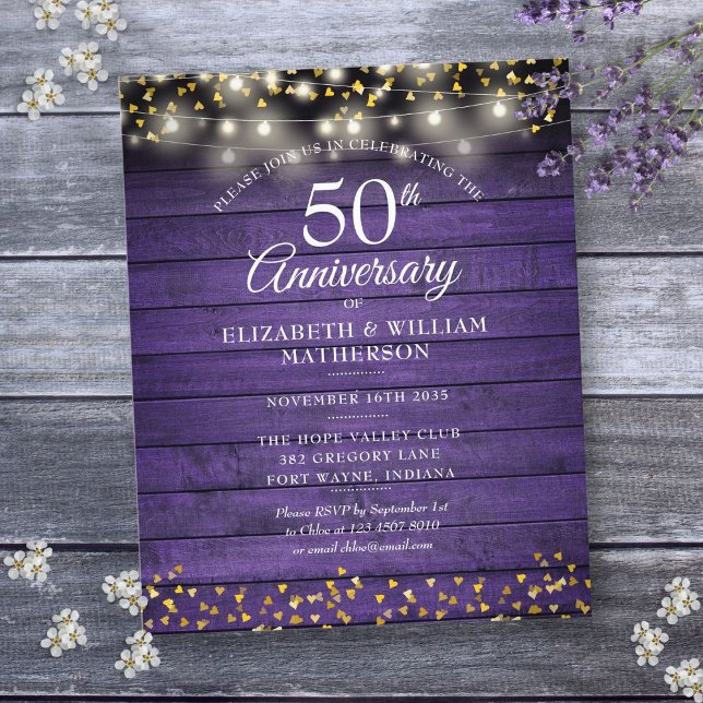 Budget 50e anniversaire Rustic Gold Hearts Invitat (Budget 50th Anniversary Rustic Gold Hearts Invite)