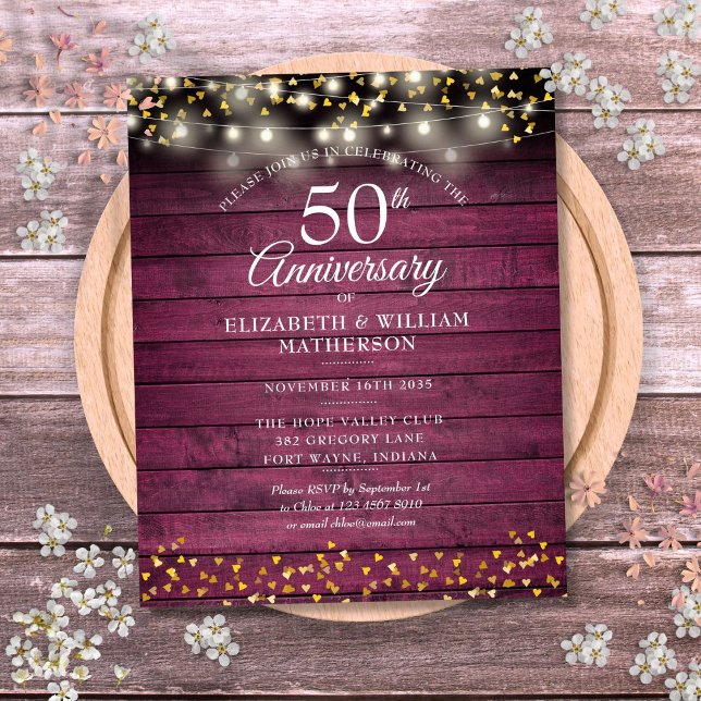 Budget 50e anniversaire Rustic Gold Hearts Invitat (Budget 50th Anniversary Rustic Gold Hearts Invite)