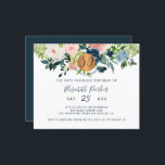 Budget 50e fête d'anniversaire fleurie Invitation<br><div class="desc">Bouquets de fleurs bohème bleu marine, rose, ivoire et rose brun avec feuillage vert sauge et un cercle de parties scintillant en cuivre en or métallique faux rond faisant un glam moderne horizontal féminin jalon cinquantième et fabuleux / tout âge invitation anniversaire avec un script de typographie chic et entièrement...</div>