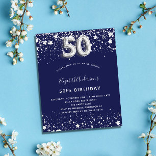 Budget 50th birthday navy blue silver invitation