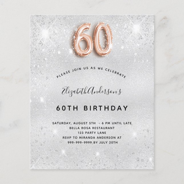 Budget 60e anniversaire argent rose or invitation (Devant)