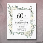 Budget 60e anniversaire Invitation florale blanche<br><div class="desc">L'élégante invitation à la fête du 60e anniversaire présente un cadre botanique de fleurs blanches et de feuilles verts. Le nom de la personne d'anniversaire est écrit dans un texte traditionnel. Tout le texte peut être facilement édité pour créer juste le ton de fête approprié.</div>