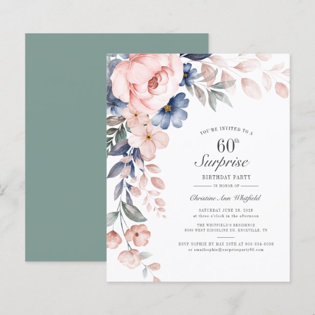 Budget 60e anniversaire Pink Floral Script Invitat (Devant / Derrière)