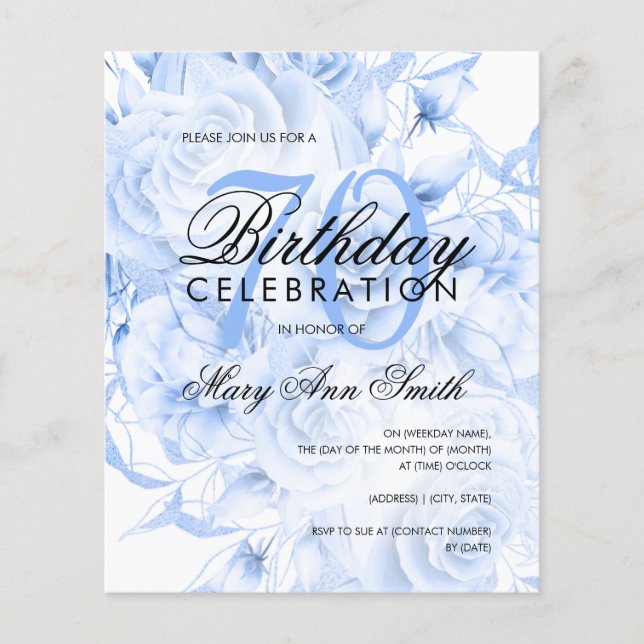 Budget 70e anniversaire Floral Navy Invitation ble (Devant)
