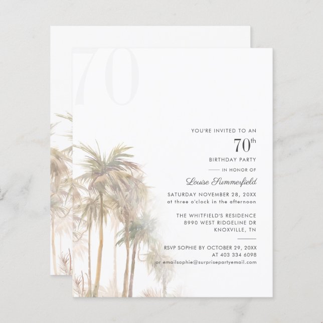 Budget 70e anniversaire Palm Tree Invitation (Devant / Derrière)