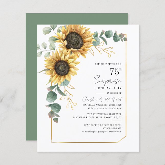 Budget 75e anniversaire Sunflower Green Invitation (Devant / Derrière)