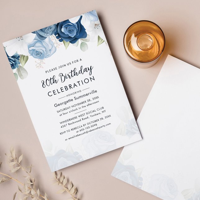 Budget 80 Anniversaire Dusty Blue Floral Party Inv (Dusty Blue Floral 80th Birthday Party Invitation)