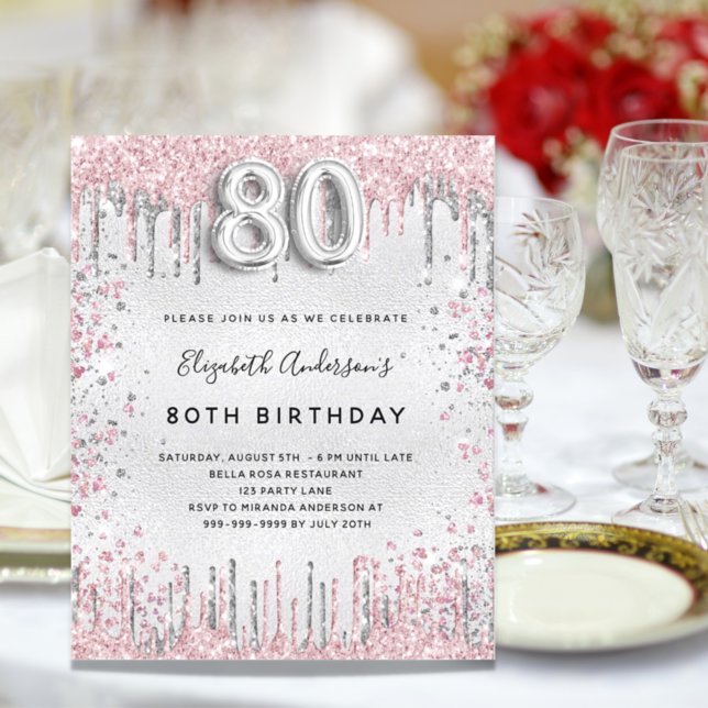 Budget 80e anniversaire argent rose invitation (Créateur téléchargé)