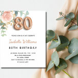 Budget 80e anniversaire floral rose or eucalyptus<br><div class="desc">Une élégante invitation pour une fête de 80ème anniversaire. Un arrière - plan blanc chic. Décoré d'or rose et de rose pastel rose vif, de fleurs roses, de feuilles d'eucalyptus verts, de sprigs, de verdure et de faux sprigs d'or. Personnalisez et le nom et les détails du parti. Lettres noires...</div>