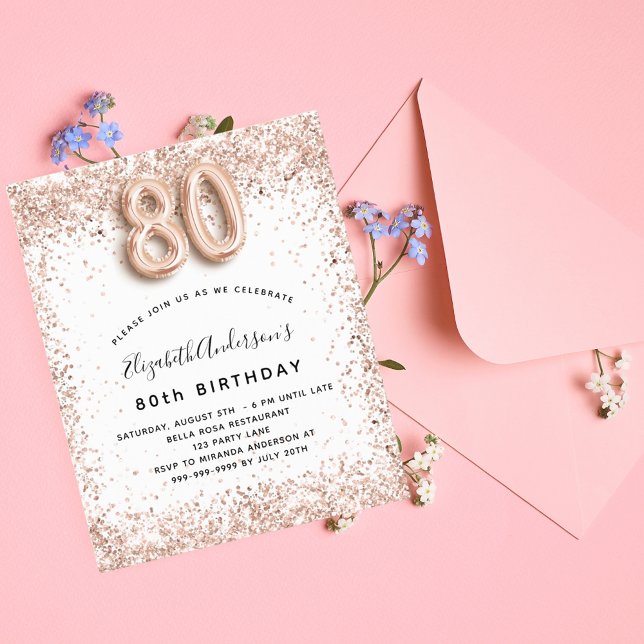 Budget 80e anniversaire rose or blanc invitation (Créateur téléchargé)