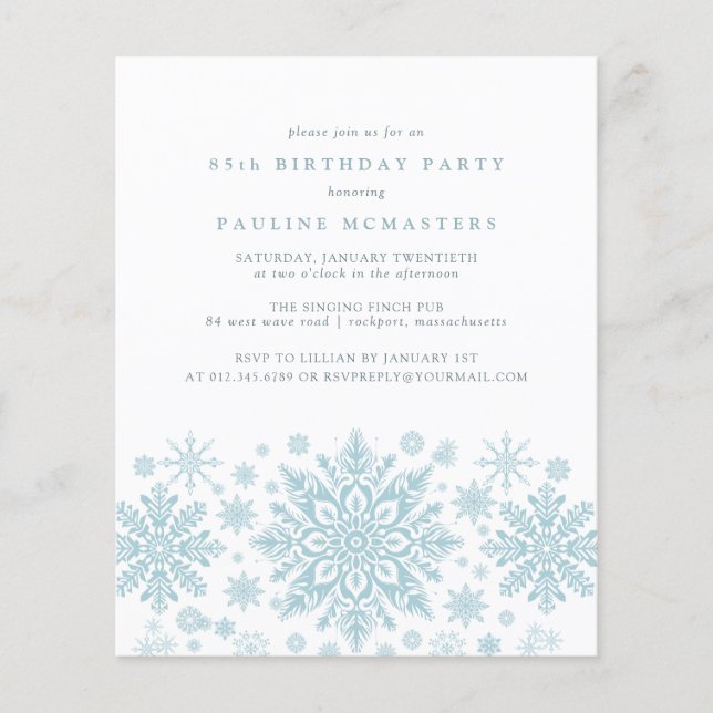 BUDGET 85e anniversaire Bleu Snowflake Invitation (Devant)