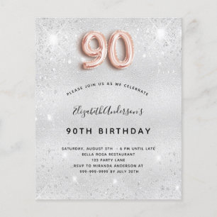 Budget 90e anniversaire argent rose or invitation