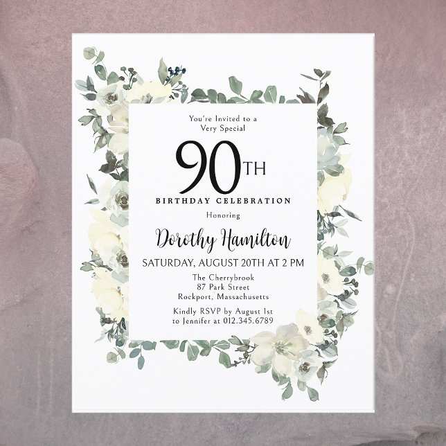 Budget 90e anniversaire Invitation florale blanche (It's time to Celebrate!)