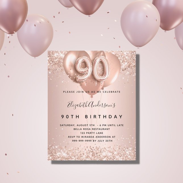 Budget 90e anniversaire rose invitation ballons d' (Créateur téléchargé)