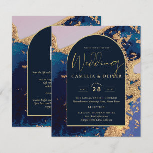 Budget Agate Blue Gold Wedding Inviter QR Code RSV