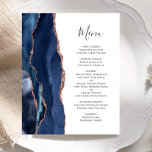 Budget Agate Marine Blue Rose Gold Mariage Menu<br><div class="desc">Le bord gauche de cet élégant menu mariage moderne comporte une bordure en aquarelle bleu marine ornée d'une parties scintillant en or rose. Le texte personnalisable combine écriture manuscrite et polices cuivre en gris charbon sur un arrière - plan blanc. L'envers est assorti d'une agate bleu marine et d'or rose....</div>