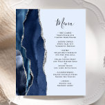 Budget Agate Marine Pale Blue Silver Menu Mariage<br><div class="desc">Le bord gauche de cet élégant menu mariage moderne comporte une bordure en aquarelle bleu marine ornée d'une parties scintillant en faux argent. Le texte personnalisable combine écriture manuscrite et polices cuivre en gris fusain sur un arrière - plan bleu pastel clair. L'envers est assorti d'un design d'agate bleu marine...</div>