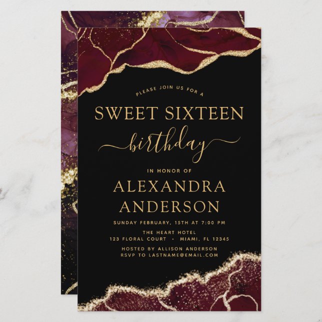 Budget Agate Sweet 16 Anniversaire Bourgogne Or (Devant / Derrière)