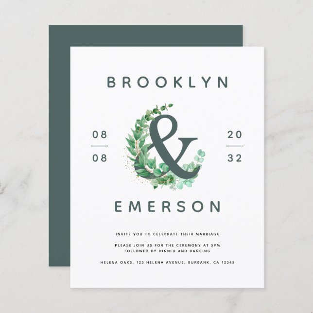 Budget Ampersand Eucalyptus Faire-part de mariage (Devant / Derrière)