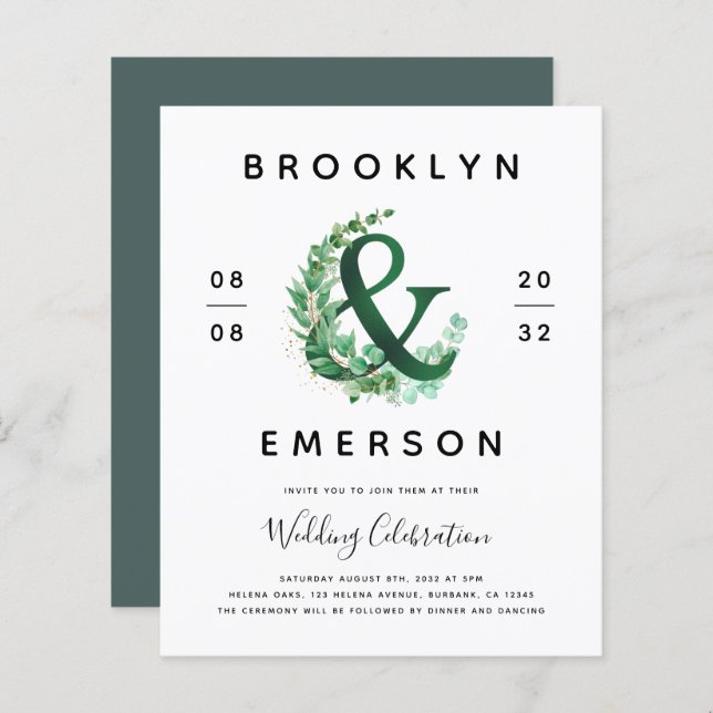 Budget Ampersand Faire-part de mariage de verdure (Devant / Derrière)